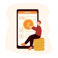 Young man holding big coin, sitting near mobile phone. Mobile banking, wireless transactions Royalty Free Stock Photo