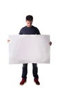 Young man holding blank white board or sign Royalty Free Stock Photo