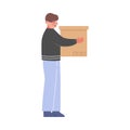 Young Man Holding Cardboard Box, Guy Moving to New Home Vector Illustration Royalty Free Stock Photo