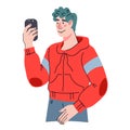 Young man holding cellphone in hands, cartoon flat vector illustration isolated Royalty Free Stock Photo