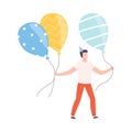 Young Man Holding Colorful Balloons, Tiny Person Celebrating Birthday or Important Event Cartoon Style Vector Royalty Free Stock Photo