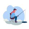 Young Man holding fishing pole on winter fishing with snow on background. Flat design style. Man character on holiday, trip Royalty Free Stock Photo