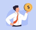 Young man holding a gold coin. Earning money, increasing capital, the pursuit of money, capital gains cash gains concept