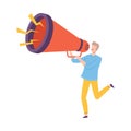 Young Man Holding Huge Megaphone Making Announcement and Screaming Information Vector Illustration Royalty Free Stock Photo