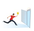 Young man holding light bulb and running to the door with business sign, concept of search new ideas solutions Royalty Free Stock Photo