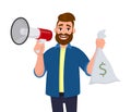 Young man holding a megaphone or loudspeaker and cash, currency, money bag with dollar symbol in hand. Business and finance. Royalty Free Stock Photo