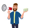 Young man holding a megaphone or loudspeaker and showing bunch of cash, money, dollar, currency, bank notes in hand. Human emotion Royalty Free Stock Photo