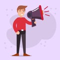 Young man holding megaphone vector illustration in flat style Royalty Free Stock Photo