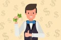 Young man holding money in hand and showing thumbs up. Successful business and finance concept stock vector illustration Royalty Free Stock Photo