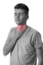 Young man holding the neck isolated on white background.