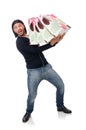 The young man holding plastic bags isolated on white Royalty Free Stock Photo