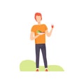 Young man holding a plate of grilled sausages and plastic cup of drink, barbecue party outdoor vector Illustration on a Royalty Free Stock Photo
