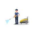 Young man posing with jet cleaning machine. Professional cleaner at work. Smiling guy in working uniform. Flat vector Royalty Free Stock Photo