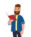 Young man holding/reading a book and smiling. Education and teaching concept. Human emotion and body language concept illustration