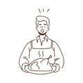 Young man holding a roast turkey, roast chicken, thanksgiving concept, hand-drawn style vector illustration