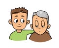 Young man holding senior man. Social worker helping elder grey haired man. Flat vector illustration. Isolated on white