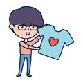 Young man holding shirt love charity and donation