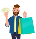 Young man holding shopping bags. Person showing cash, money, currency notes in hand. Male character. Modern lifestyle, digital.