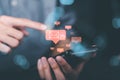 young man holding a smartphone Displays global communication network connections, cyberspace technology, online information Royalty Free Stock Photo