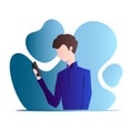 Young man holding a smartphone, texting and making calls. Cartoon character illustration with his gadget. Royalty Free Stock Photo