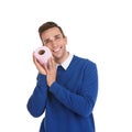 Young man holding toilet paper roll Royalty Free Stock Photo