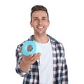 Young man holding toilet paper roll Royalty Free Stock Photo