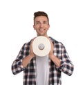 Young man holding toilet paper roll Royalty Free Stock Photo