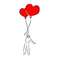 Young man holding two heart shape balloons for valentine`s day vector illustration sketch doodle hand drawn with black lines Royalty Free Stock Photo