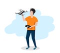 Young man holds a drone or quadrocopter in his hands. Vector illustration