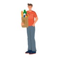 A young man holds grocery bag with natural products. ctor illustration isolated on a white