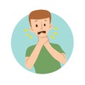 Young man holds hands on his chest. Early symptoms of heart attack, chest pain, sickness round icon. Vector flat