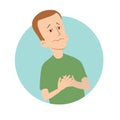 Young man holds hands on his chest. Early symptoms of heart attack, chest pain, sickness round icon. Vector flat