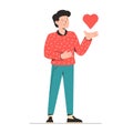 Young man holds a heart in his hands and laughs. Concept of happy Valentine's day. Holiday illustration for an Royalty Free Stock Photo