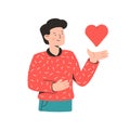 Young man holds a heart in his hands and laughs. Concept of happy Valentine's day. Holiday illustration for an Royalty Free Stock Photo