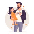 A young man holds his young daughter in his arms, flat design.