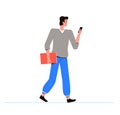 Young man holds a phone in his hand and walks forward. Addiction to gadgets and social media. Remote communication with