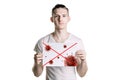 Young man holds a picture of bacteria. The danger of coronavirus. horizontal frame