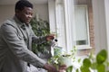 Young Man At Home Watering Plants In Office Royalty Free Stock Photo