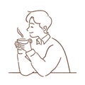 Young man with a hot cup of coffee, hand-drawn line art style vector illustration