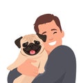 Young man hugging little dog pet. Smiling boy petting domestic animal. Friendship between a man and pet. Cute friendly pug