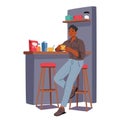 Young Man Immersed In His Daily Routine, Savors A Home-cooked Meal, Enjoys Familiar Flavors, Vector Illustration