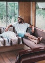 Young man inside a stylish mobile home Royalty Free Stock Photo