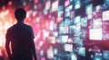 Young man interacting with digital screen with colorful lights, streaming technology concept Royalty Free Stock Photo