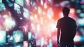 Young man interacting with digital screen with colorful lights, streaming technology concept Royalty Free Stock Photo