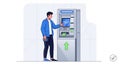 A young man interacts with an ATM. The ATM features a screen displaying Royalty Free Stock Photo