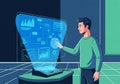 A young man interacts with a futuristic holographic display featuring Royalty Free Stock Photo