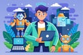 A young man interacts with robots and digital devices, surrounded by lush greenery in a vibrant setting, Customizable cartoon Royalty Free Stock Photo