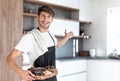 Young man inviting his family to Breakfast