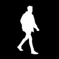 Young man in jacket, jeans and sneakers walking. White silhouette isolated on black background. Side view. Monochrome