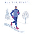 Young man jogging in park, winter running banner